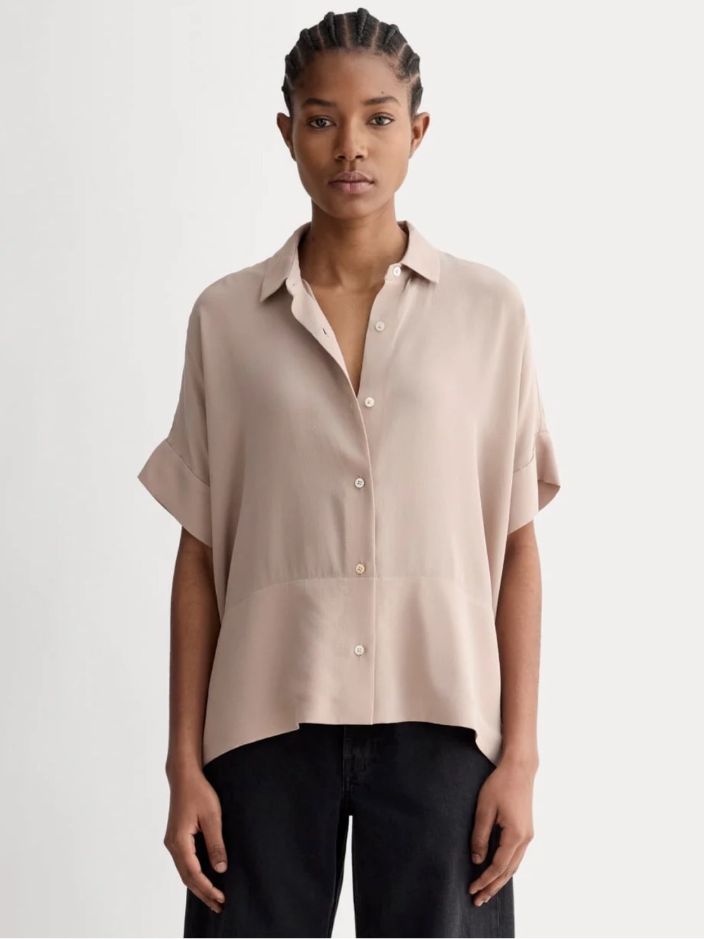 Everlane The Boxy 100% Silk Beige Button-Down Shirt Size 10 Chic Minimalist 90s